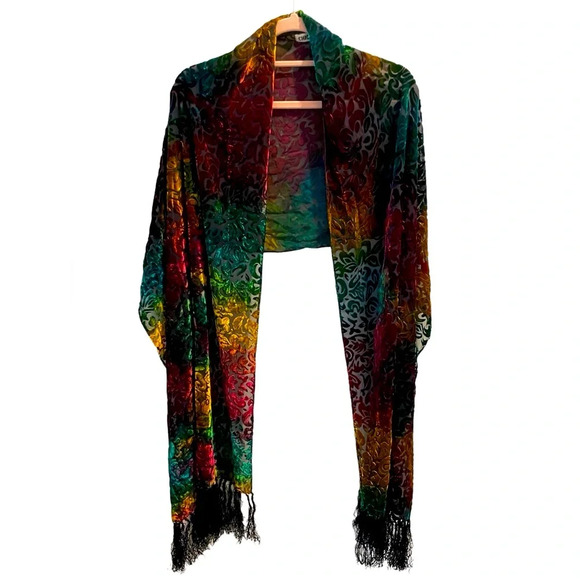 VINTAGE Chico’s velvet rainbow burnout silk scarf wrap with fringe trim LARGE - Picture 1 of 14
